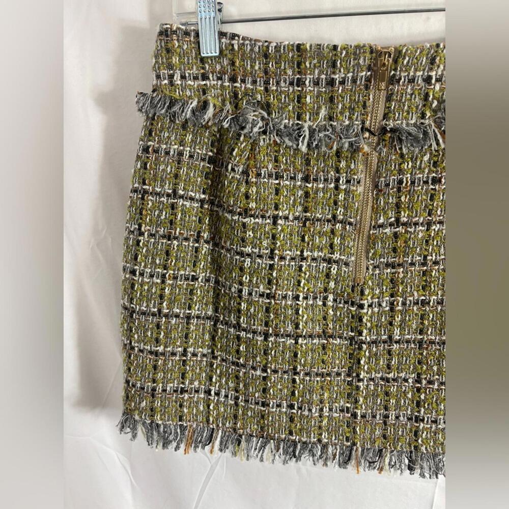 NWT Walter Baker Chartreuse Green Preppy Tweed Fringe Mini Skirt Women’s Size 6 - Picture 3 of 11